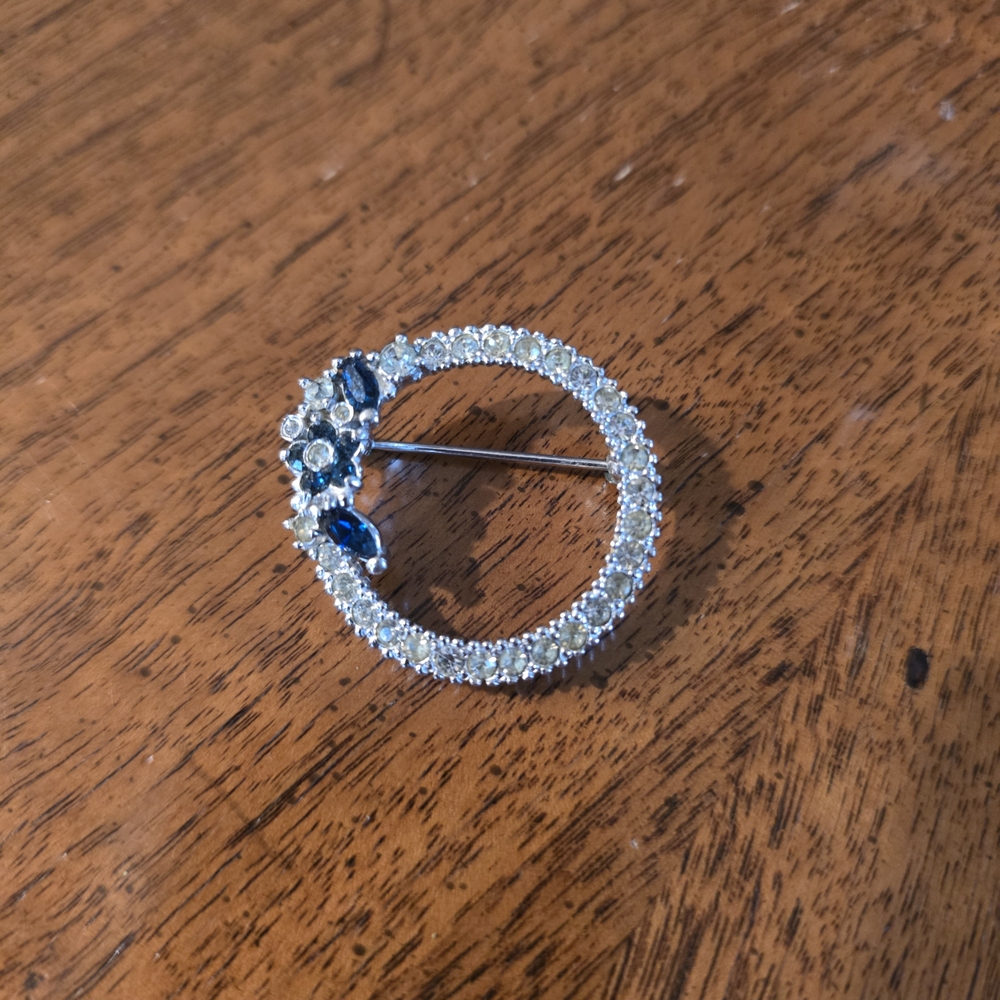 Silver-Tone Sapphire Accent Circle Brooch - Blue